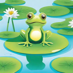 A detailed illustration of a cute, vibrant green frog sitting on a lily pad in a tranquil pond