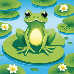 A detailed illustration of a cute, vibrant green frog sitting on a lily pad in a tranquil pond