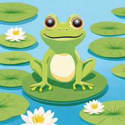 A detailed illustration of a cute, vibrant green frog sitting on a lily pad in a tranquil pond