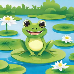 A detailed illustration of a cute, vibrant green frog sitting on a lily pad in a tranquil pond