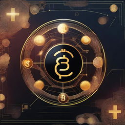 A modern, sleek design featuring elements like digital currency symbols, blockchain nodes, and abstract technology graphics