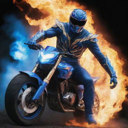 A power ranger imbued with the spirit of Ghost Rider, burning with blue ethereal flames and driving a spectral motorcycle.