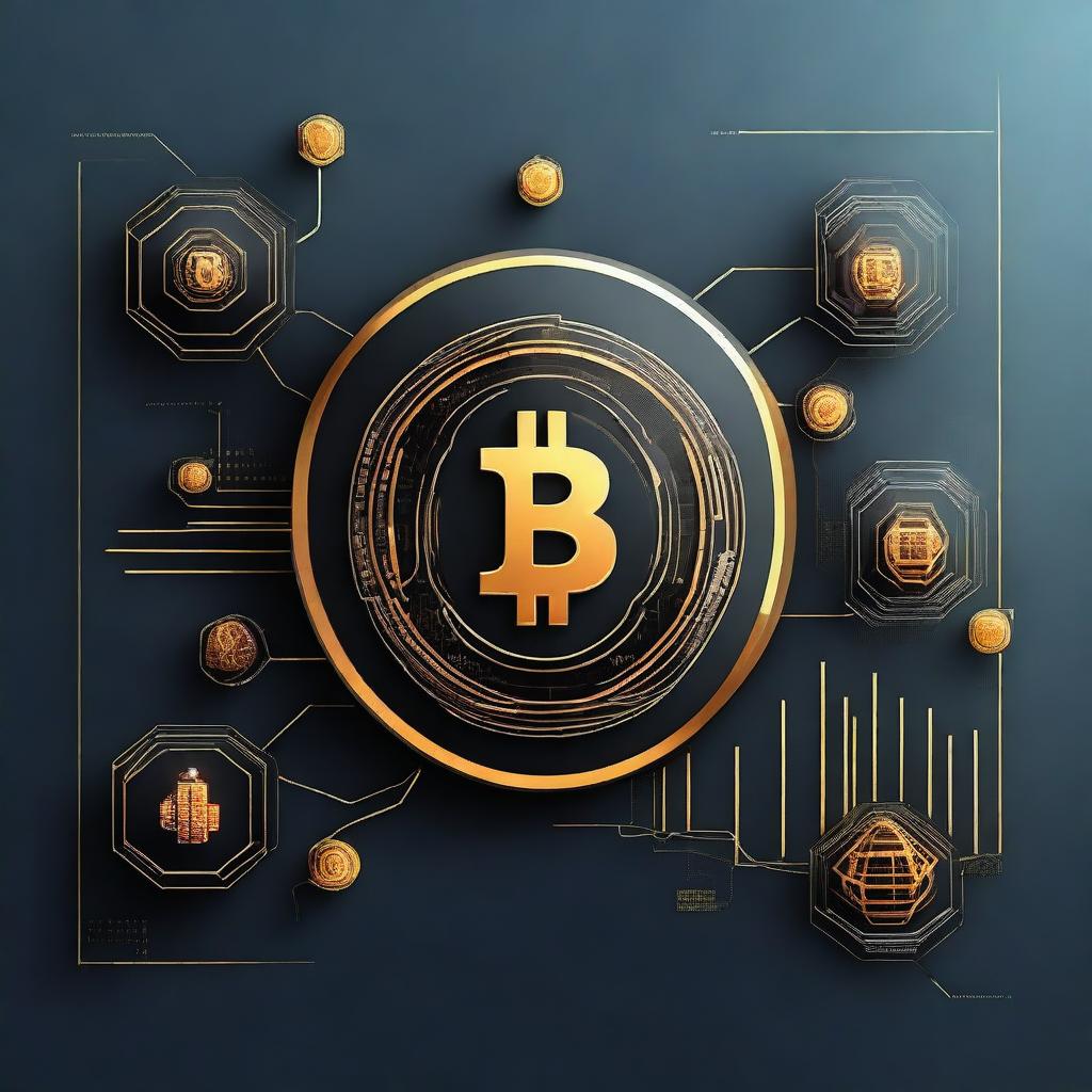 Create a modern, sleek design featuring elements like digital currency symbols, such as Bitcoin and Ethereum logos, blockchain nodes, and abstract technology graphics