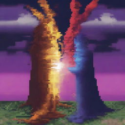 Create a 32-bit pixel art image depicting two souls connecting between two worlds