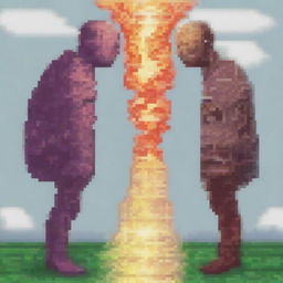 Create a 32-bit pixel art image depicting two souls connecting between two worlds