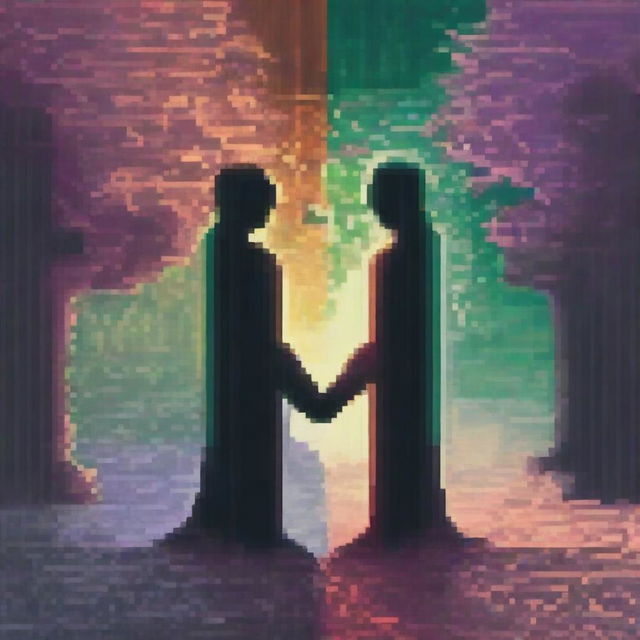 Create a 32-bit pixel art image depicting two souls connecting between two worlds