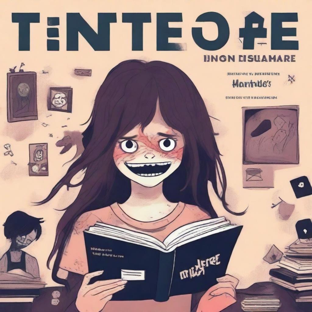 A book cover titled 'Internet Nightmare' featuring a girl with messy hair and a scary face