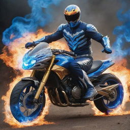 A power ranger imbued with the spirit of Ghost Rider, burning with blue ethereal flames and driving a spectral motorcycle.