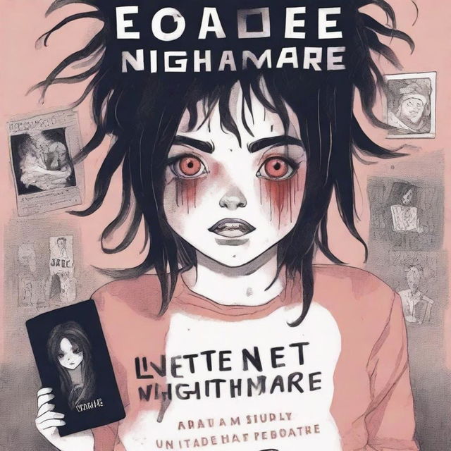 A book cover titled 'Internet Nightmare' featuring a girl with messy hair and a scary face