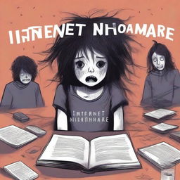 A book cover titled 'Internet Nightmare' featuring a girl with messy hair and a scary face