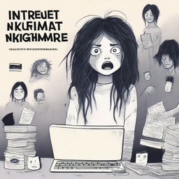 A book cover titled 'Internet Nightmare' featuring a girl with messy hair and a scary face