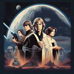 A detailed and epic Star Wars movie poster featuring iconic characters like Luke Skywalker, Darth Vader, Princess Leia, and Yoda