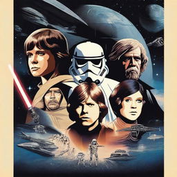 A detailed and epic Star Wars movie poster featuring iconic characters like Luke Skywalker, Darth Vader, Princess Leia, and Yoda