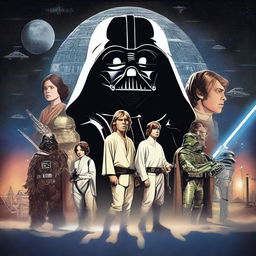 A detailed and epic Star Wars movie poster featuring iconic characters like Luke Skywalker, Darth Vader, Princess Leia, and Yoda