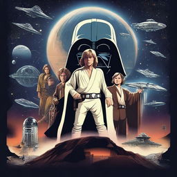 A detailed and epic Star Wars movie poster featuring iconic characters like Luke Skywalker, Darth Vader, Princess Leia, and Yoda