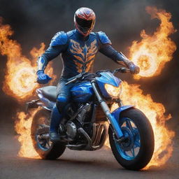 A power ranger imbued with the spirit of Ghost Rider, burning with blue ethereal flames and driving a spectral motorcycle.