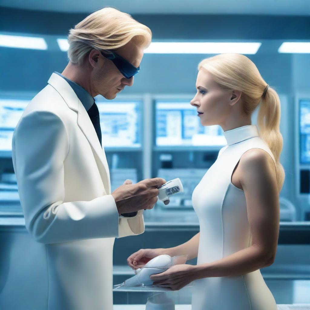 A genius young man creates a very beautiful, mature woman with blonde hair and a tall, MILF style in a futuristic laboratory