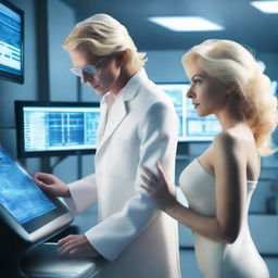 A genius young man creates a very beautiful, mature woman with blonde hair and a tall, MILF style in a futuristic laboratory