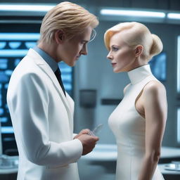 A genius young man creates a very beautiful, mature woman with blonde hair and a tall, MILF style in a futuristic laboratory