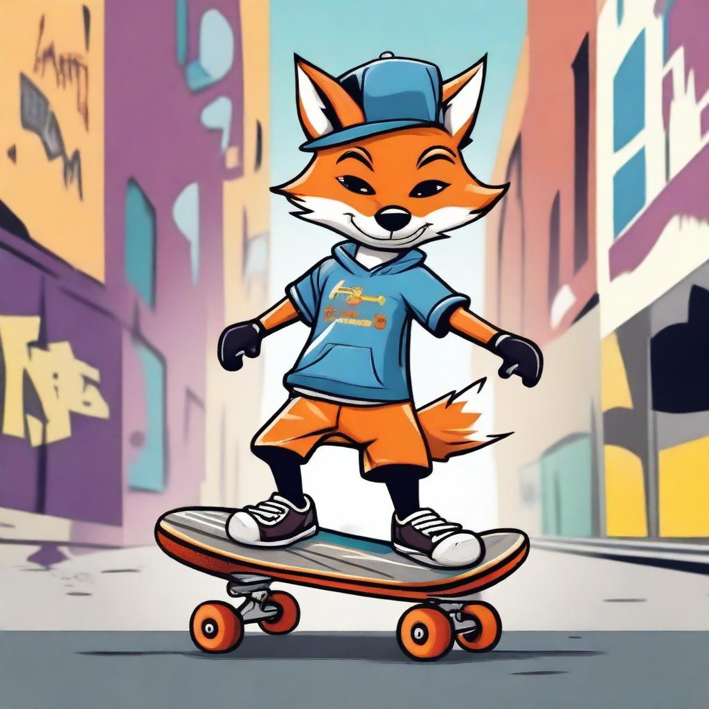 A cool fox riding a skateboard, performing tricks and looking stylish