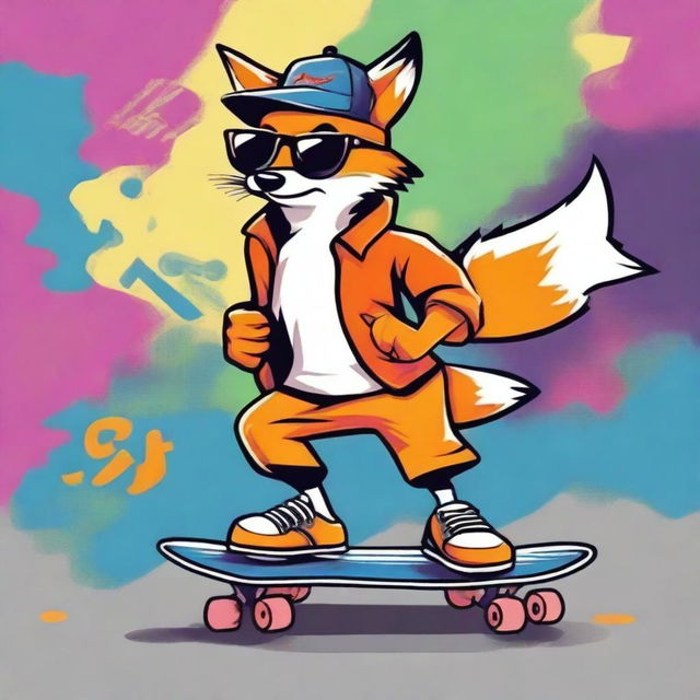 A cool fox riding a skateboard, performing tricks and looking stylish