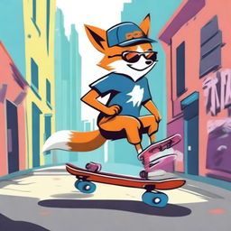 A cool fox riding a skateboard, performing tricks and looking stylish