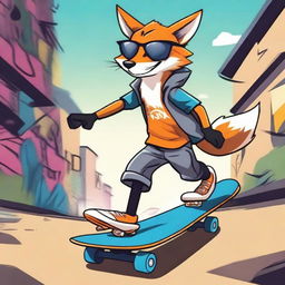 A cool fox riding a skateboard, performing tricks and looking stylish