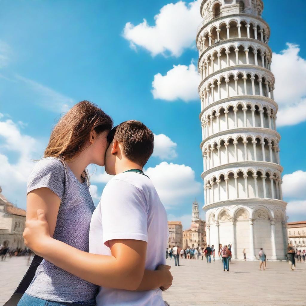 A teen couple saying goodbye to each other in front of the Leaning Tower of Pisa in Italy