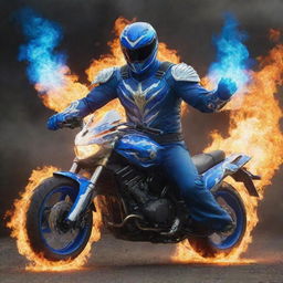 A power ranger imbued with the spirit of Ghost Rider, burning with blue ethereal flames and driving a spectral motorcycle.