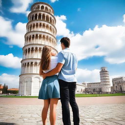 A teen couple saying goodbye to each other in front of the Leaning Tower of Pisa in Italy