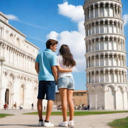 A teen couple saying goodbye to each other in front of the Leaning Tower of Pisa in Italy