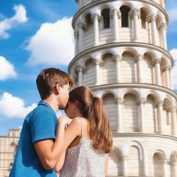 A teen couple saying goodbye to each other in front of the Leaning Tower of Pisa in Italy