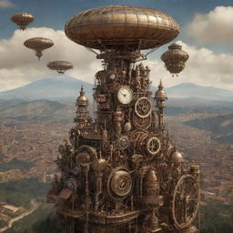 A vision of Rwanda in a steampunk aesthetic, featuring Kigali's skyline fronted by sculpturesque mechanical art, terraced hillsides interlaced with intricate gears and cogwork, and silver-peaked mountains hosting ornate airships.