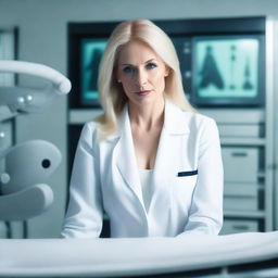 A very beautiful, mature woman with blonde hair and a tall, MILF style in a futuristic laboratory