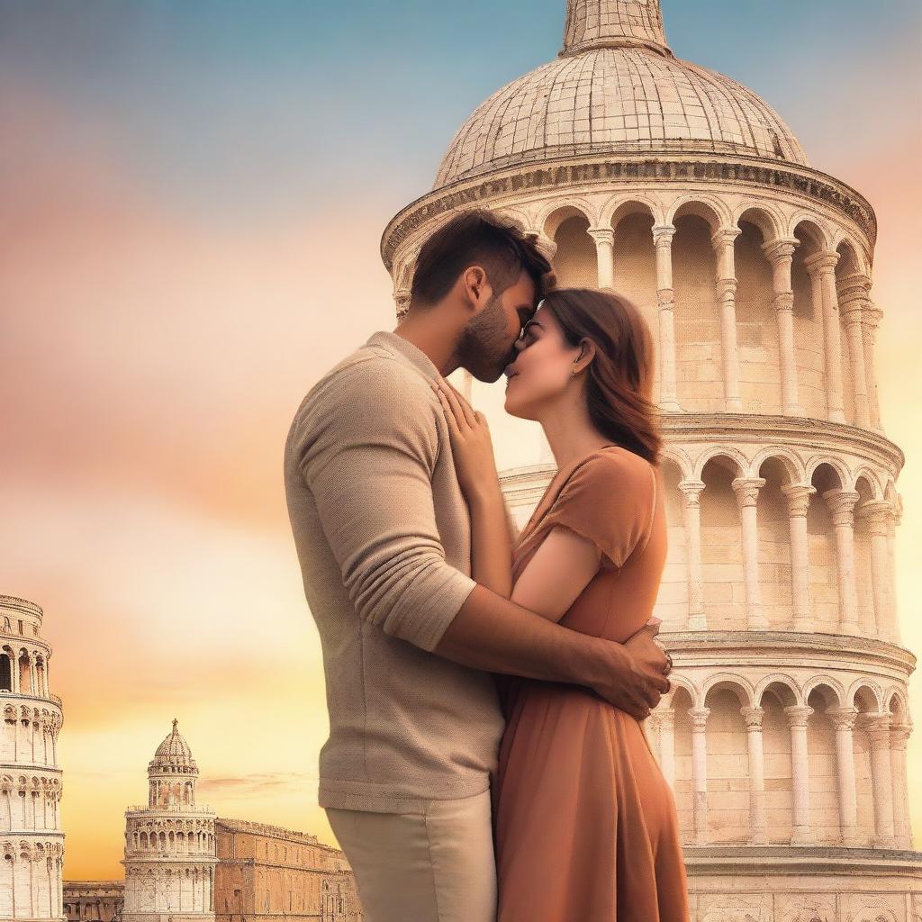 A romantic book cover featuring a couple saying goodbye to each other in front of the Leaning Tower of Pisa in Italy