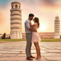 A romantic book cover featuring a couple saying goodbye to each other in front of the Leaning Tower of Pisa in Italy