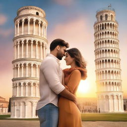 A romantic book cover featuring a couple saying goodbye to each other in front of the Leaning Tower of Pisa in Italy