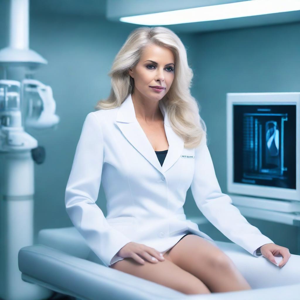 A very beautiful Latina woman, aged 47, with blonde hair and a tall, MILF style, lies on a stretcher in a futuristic laboratory