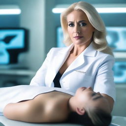 A very beautiful Latina woman, aged 47, with blonde hair and a tall, MILF style, lies on a stretcher in a futuristic laboratory