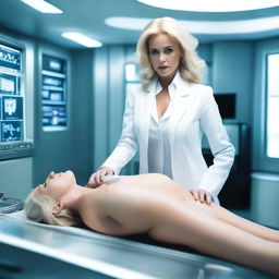 A very beautiful Latina woman, aged 47, with blonde hair and a tall, MILF style, lies on a stretcher in a futuristic laboratory