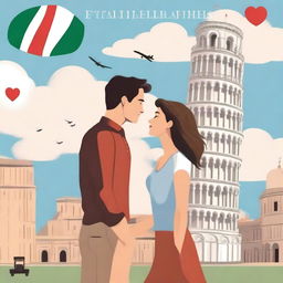 A drawn romance book cover featuring a couple saying goodbye to each other in front of the Leaning Tower of Pisa in Italy