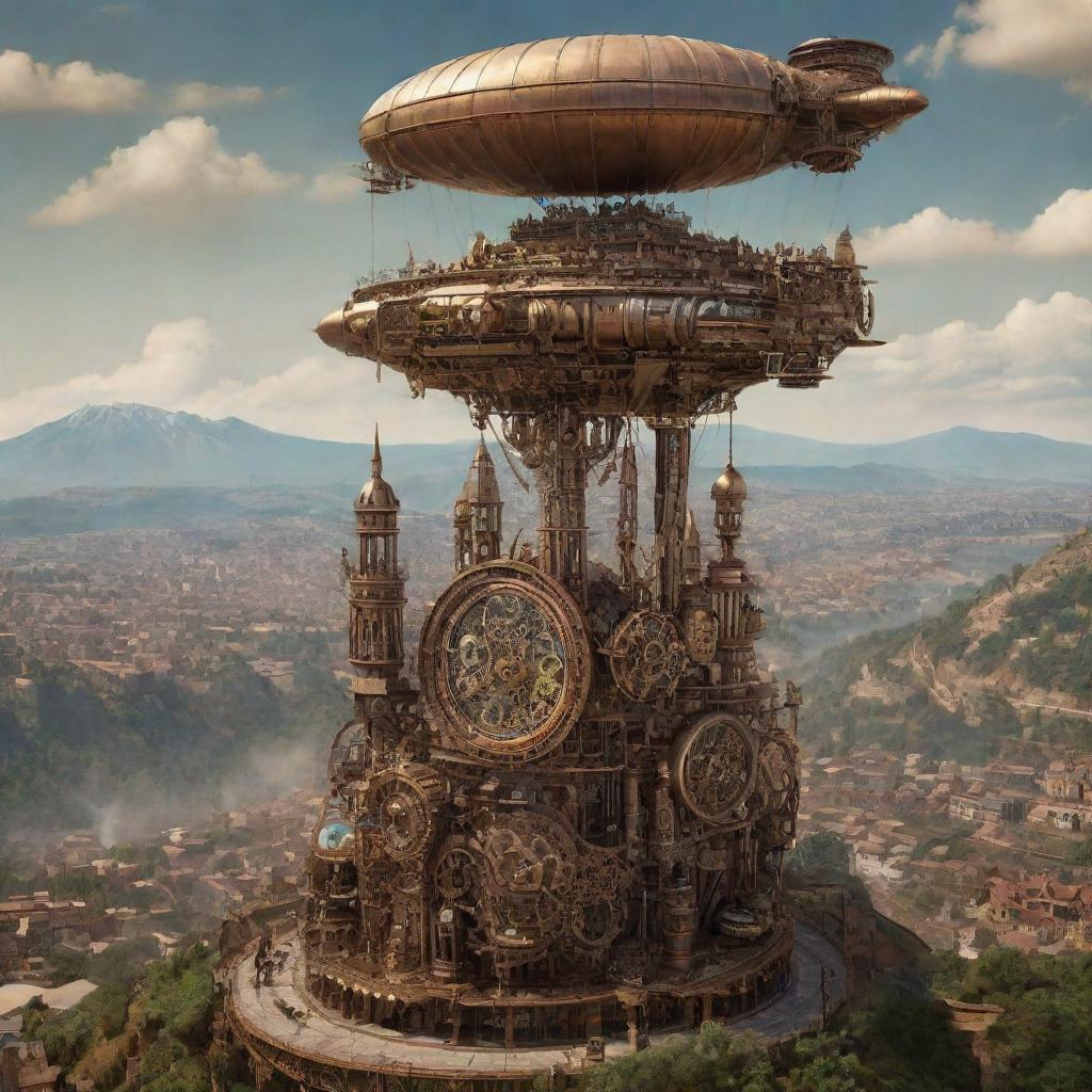 A vision of Rwanda in a steampunk aesthetic, featuring Kigali's skyline fronted by sculpturesque mechanical art, terraced hillsides interlaced with intricate gears and cogwork, and silver-peaked mountains hosting ornate airships.