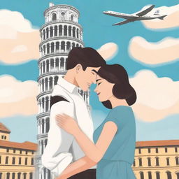 A drawn romance book cover featuring a couple saying goodbye to each other in front of the Leaning Tower of Pisa in Italy