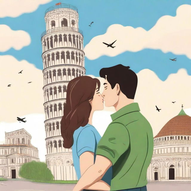 A drawn romance book cover featuring a couple saying goodbye to each other in front of the Leaning Tower of Pisa in Italy