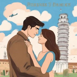 A drawn romance book cover featuring a couple saying goodbye to each other in front of the Leaning Tower of Pisa in Italy