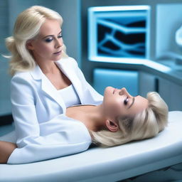 A very beautiful Latina woman, aged 47, with blonde hair and a tall, MILF style, lies on a stretcher in a futuristic laboratory