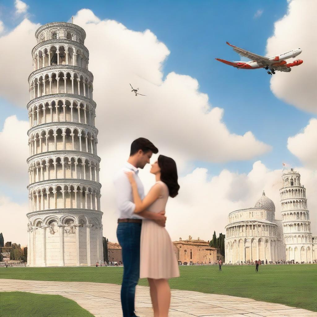 A romance book cover featuring a couple saying goodbye to each other in front of the Leaning Tower of Pisa in Italy