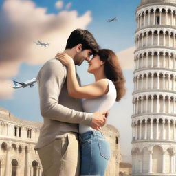 A romance book cover featuring a couple saying goodbye to each other in front of the Leaning Tower of Pisa in Italy