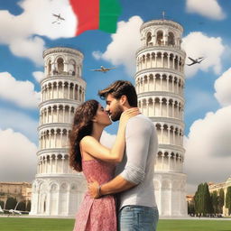 A romance book cover featuring a couple saying goodbye to each other in front of the Leaning Tower of Pisa in Italy