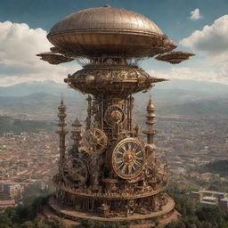 A vision of Rwanda in a steampunk aesthetic, featuring Kigali's skyline fronted by sculpturesque mechanical art, terraced hillsides interlaced with intricate gears and cogwork, and silver-peaked mountains hosting ornate airships.